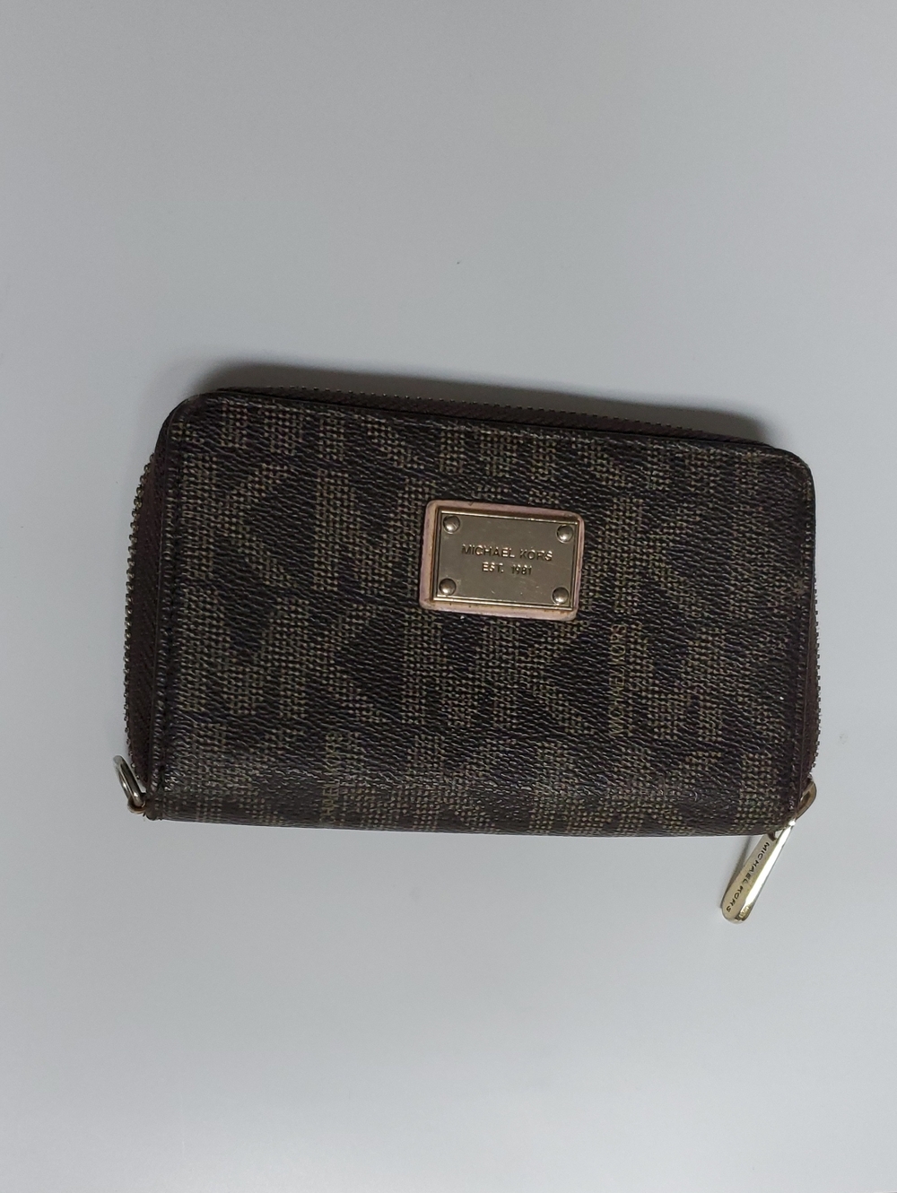 Michael Kors Dark Brown MK Logo Zip Wallet with Gold Hardware